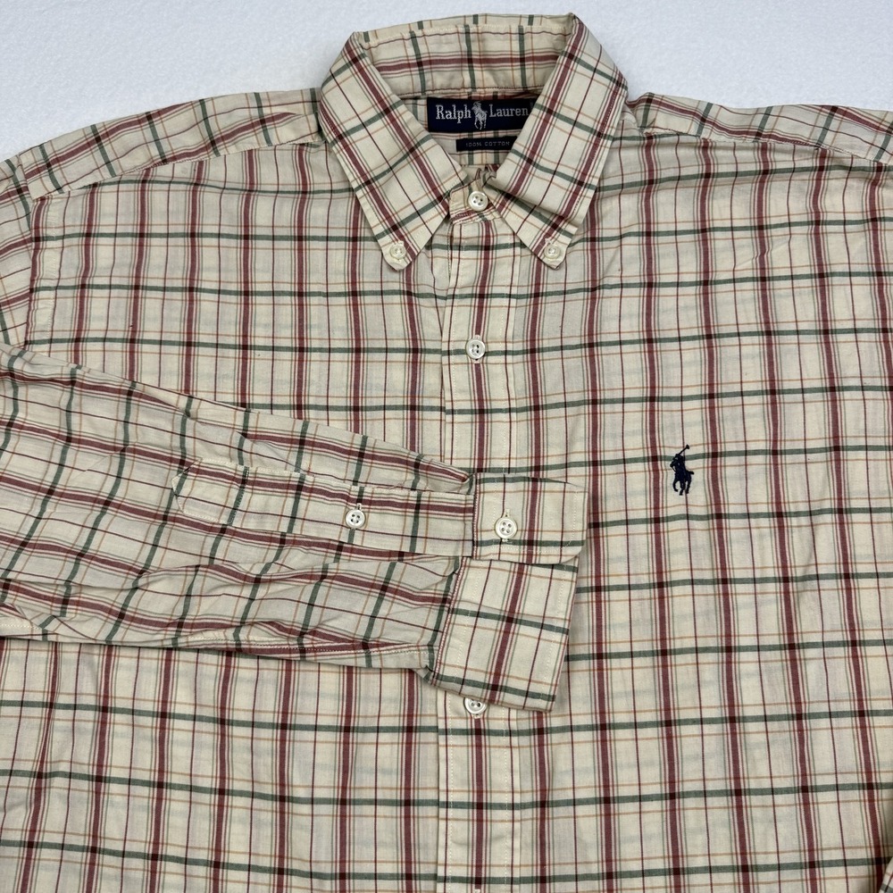 Vintage Ralph Lauren Shirt Mens Medium Beige Plaid Long Sleeve Button Up Casual